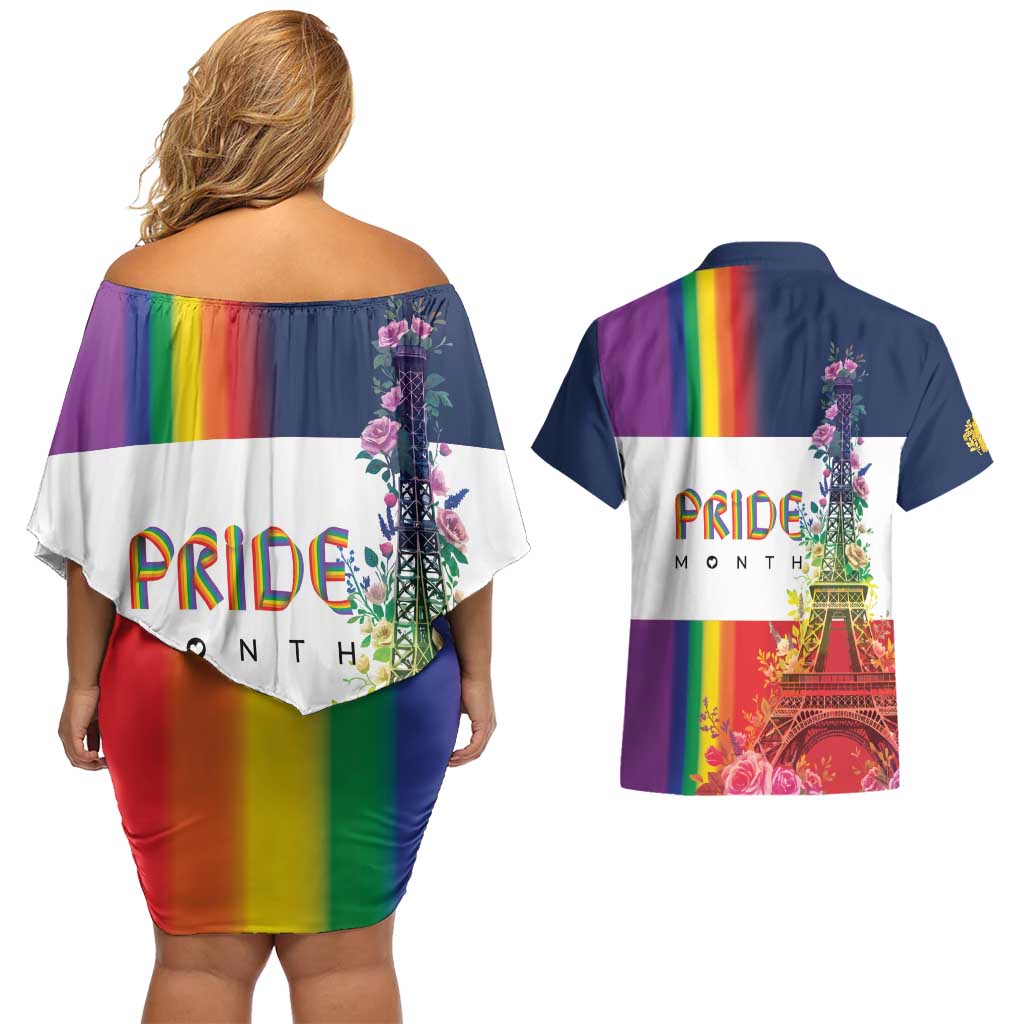 LGBTQ Pride Month Gay Couples Matching Off Shoulder Short Dress and Hawaiian Shirt Eiffel Tower Paris Rainbow Flag