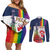 LGBTQ Pride Month Gay Couples Matching Off Shoulder Short Dress and Long Sleeve Button Shirt Eiffel Tower Paris Rainbow Flag