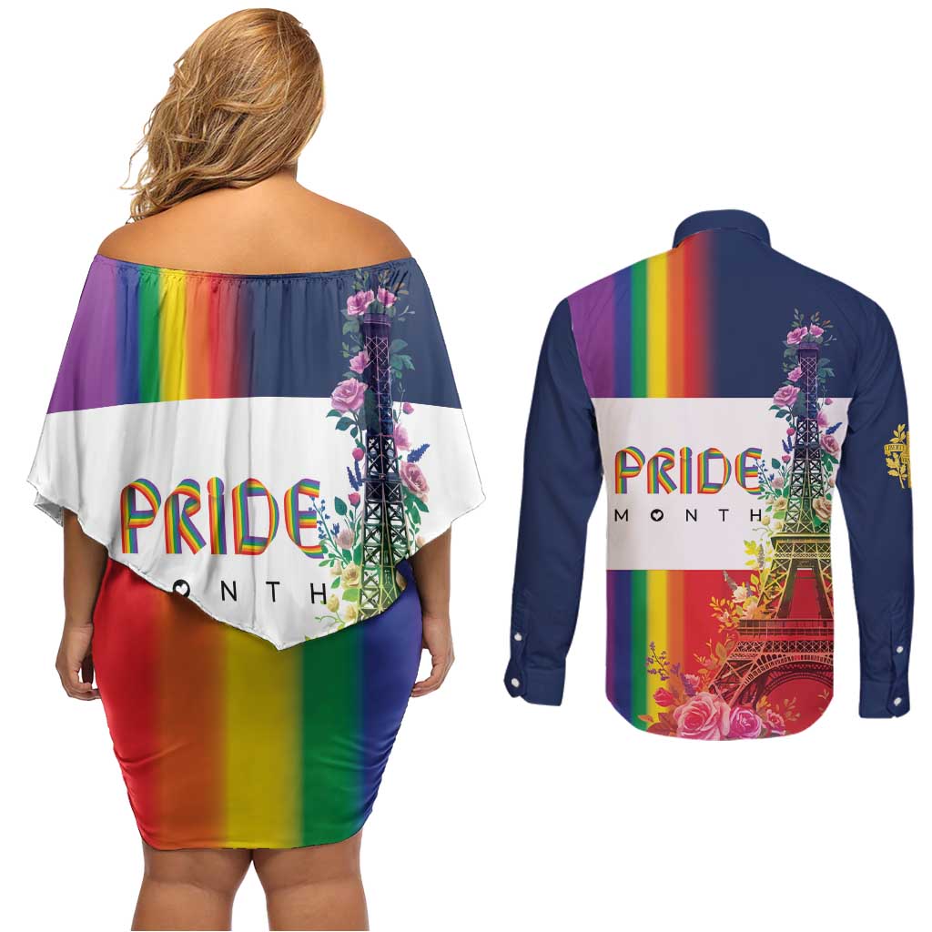 LGBTQ Pride Month Gay Couples Matching Off Shoulder Short Dress and Long Sleeve Button Shirt Eiffel Tower Paris Rainbow Flag