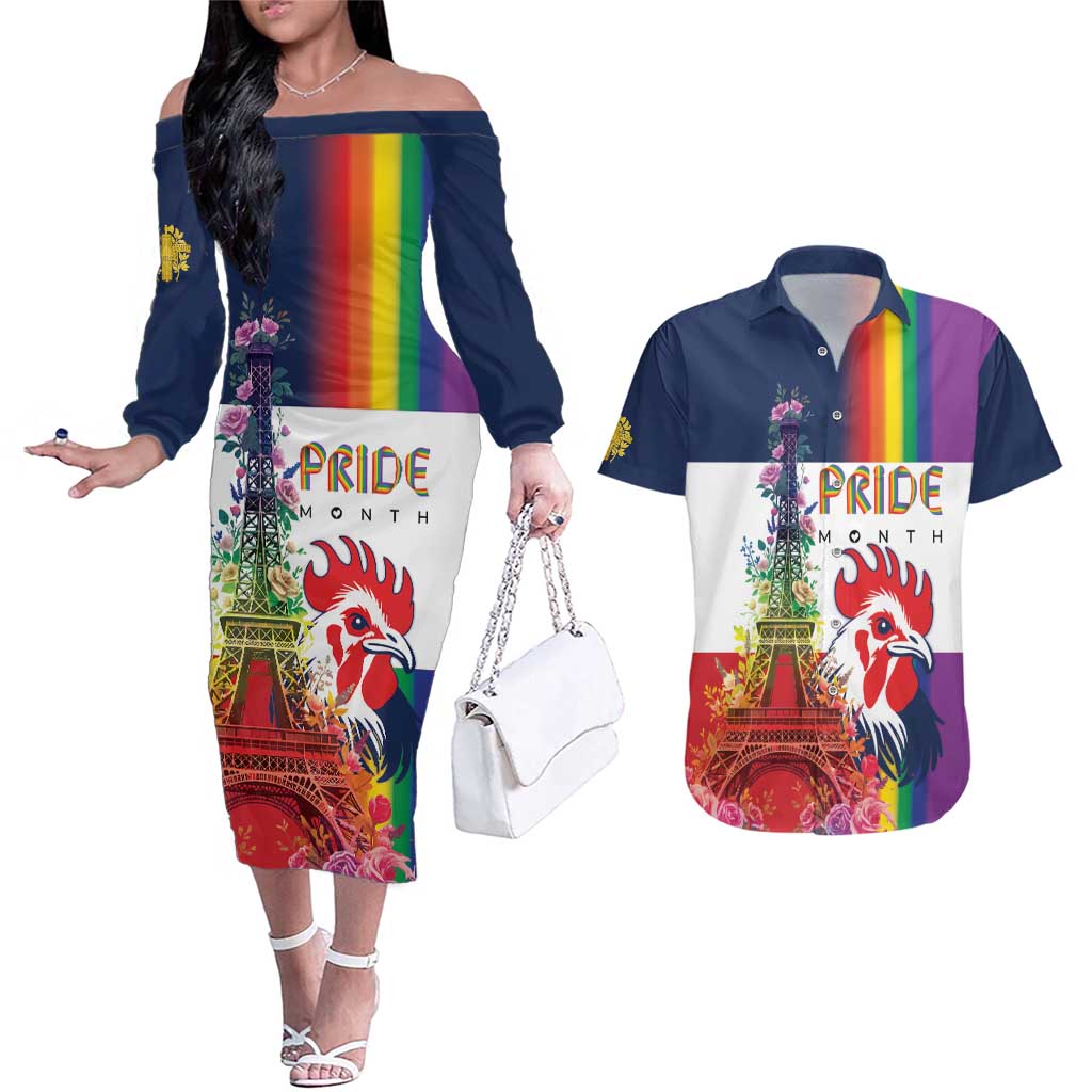 LGBTQ Pride Month Gay Couples Matching Off The Shoulder Long Sleeve Dress and Hawaiian Shirt Eiffel Tower Paris Rainbow Flag