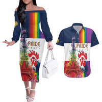 LGBTQ Pride Month Gay Couples Matching Off The Shoulder Long Sleeve Dress and Hawaiian Shirt Eiffel Tower Paris Rainbow Flag