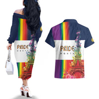 LGBTQ Pride Month Gay Couples Matching Off The Shoulder Long Sleeve Dress and Hawaiian Shirt Eiffel Tower Paris Rainbow Flag