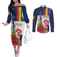 LGBTQ Pride Month Gay Couples Matching Off The Shoulder Long Sleeve Dress and Long Sleeve Button Shirt Eiffel Tower Paris Rainbow Flag