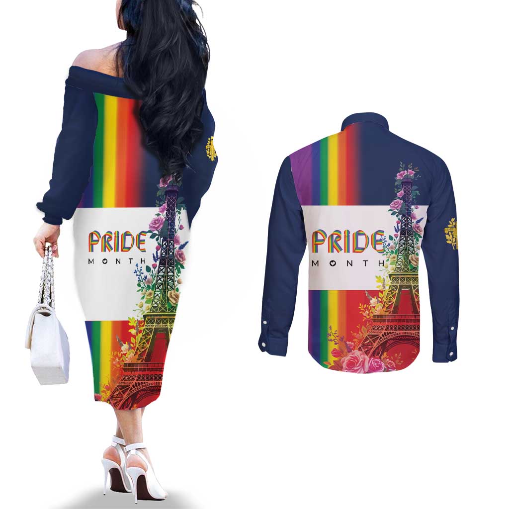LGBTQ Pride Month Gay Couples Matching Off The Shoulder Long Sleeve Dress and Long Sleeve Button Shirt Eiffel Tower Paris Rainbow Flag