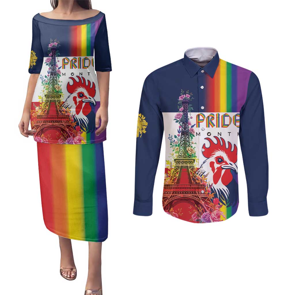 LGBTQ Pride Month Gay Couples Matching Puletasi and Long Sleeve Button Shirt Eiffel Tower Paris Rainbow Flag