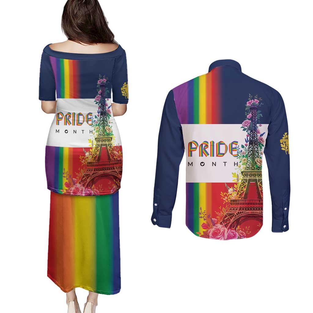 LGBTQ Pride Month Gay Couples Matching Puletasi and Long Sleeve Button Shirt Eiffel Tower Paris Rainbow Flag