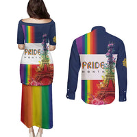 LGBTQ Pride Month Gay Couples Matching Puletasi and Long Sleeve Button Shirt Eiffel Tower Paris Rainbow Flag