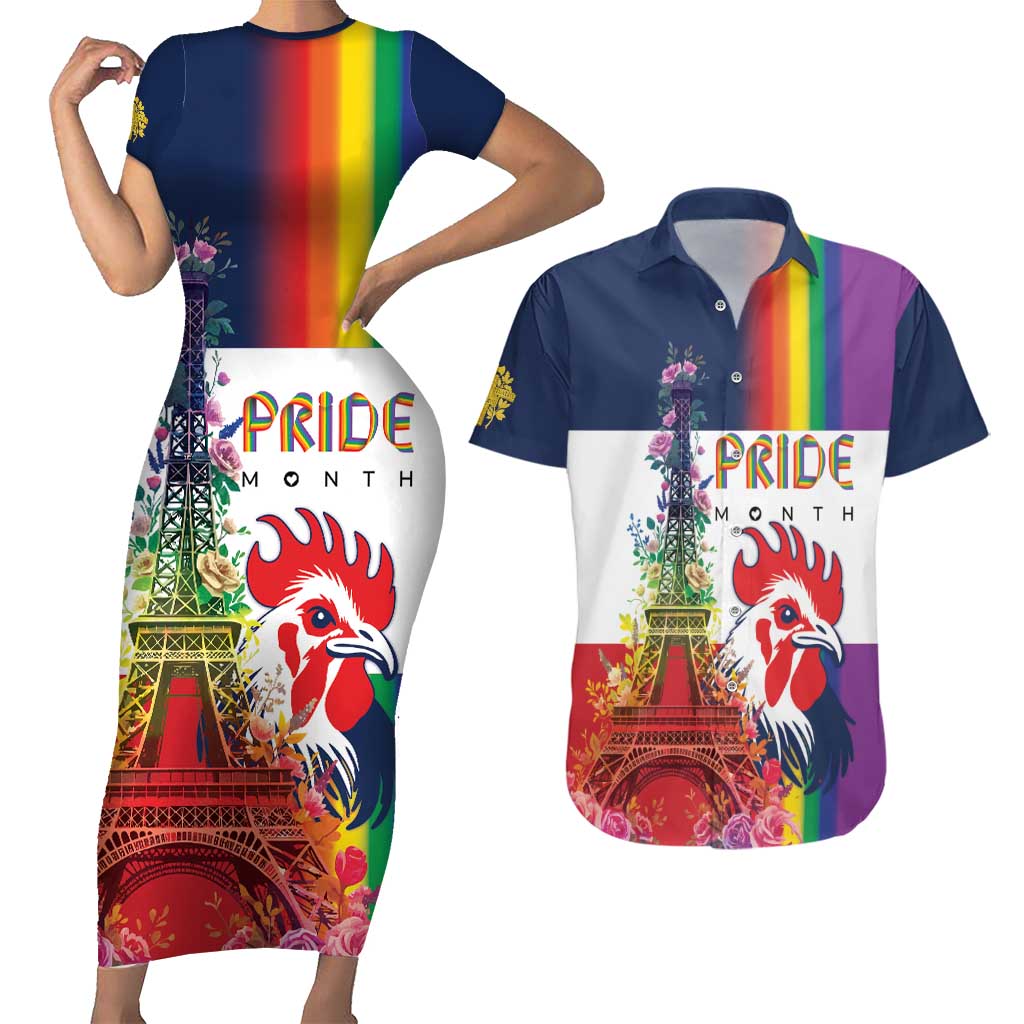 LGBTQ Pride Month Gay Couples Matching Short Sleeve Bodycon Dress and Hawaiian Shirt Eiffel Tower Paris Rainbow Flag