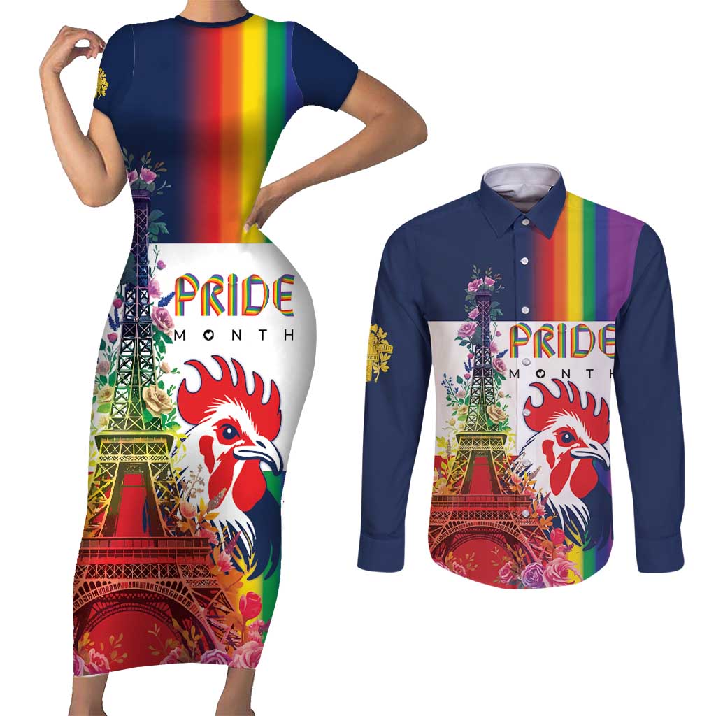 LGBTQ Pride Month Gay Couples Matching Short Sleeve Bodycon Dress and Long Sleeve Button Shirt Eiffel Tower Paris Rainbow Flag