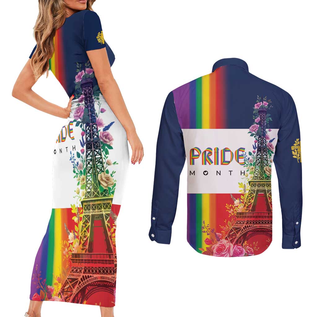 LGBTQ Pride Month Gay Couples Matching Short Sleeve Bodycon Dress and Long Sleeve Button Shirt Eiffel Tower Paris Rainbow Flag