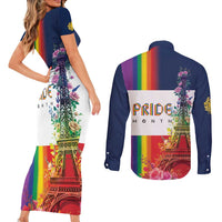 LGBTQ Pride Month Gay Couples Matching Short Sleeve Bodycon Dress and Long Sleeve Button Shirt Eiffel Tower Paris Rainbow Flag