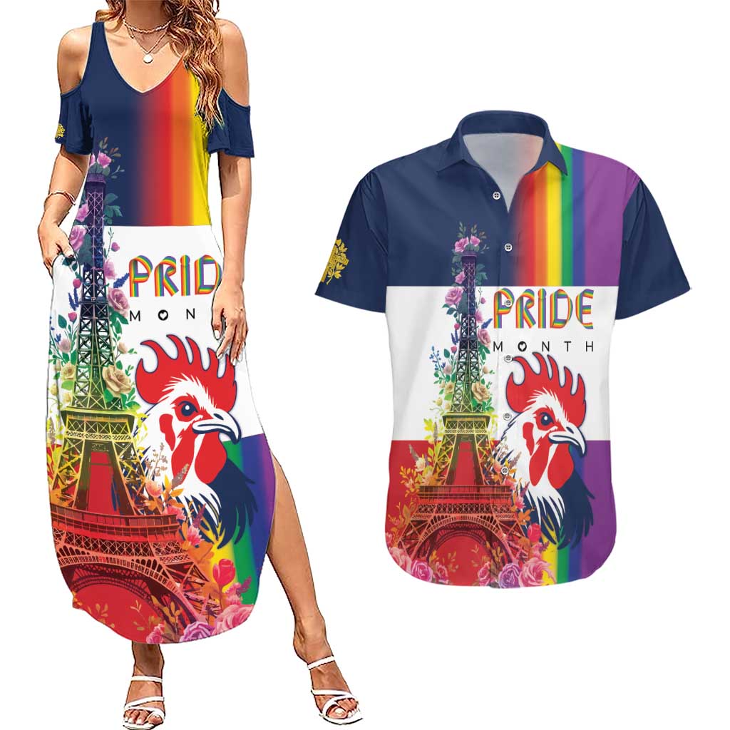 LGBTQ Pride Month Gay Couples Matching Summer Maxi Dress and Hawaiian Shirt Eiffel Tower Paris Rainbow Flag