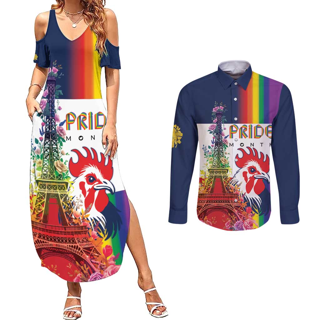 LGBTQ Pride Month Gay Couples Matching Summer Maxi Dress and Long Sleeve Button Shirt Eiffel Tower Paris Rainbow Flag