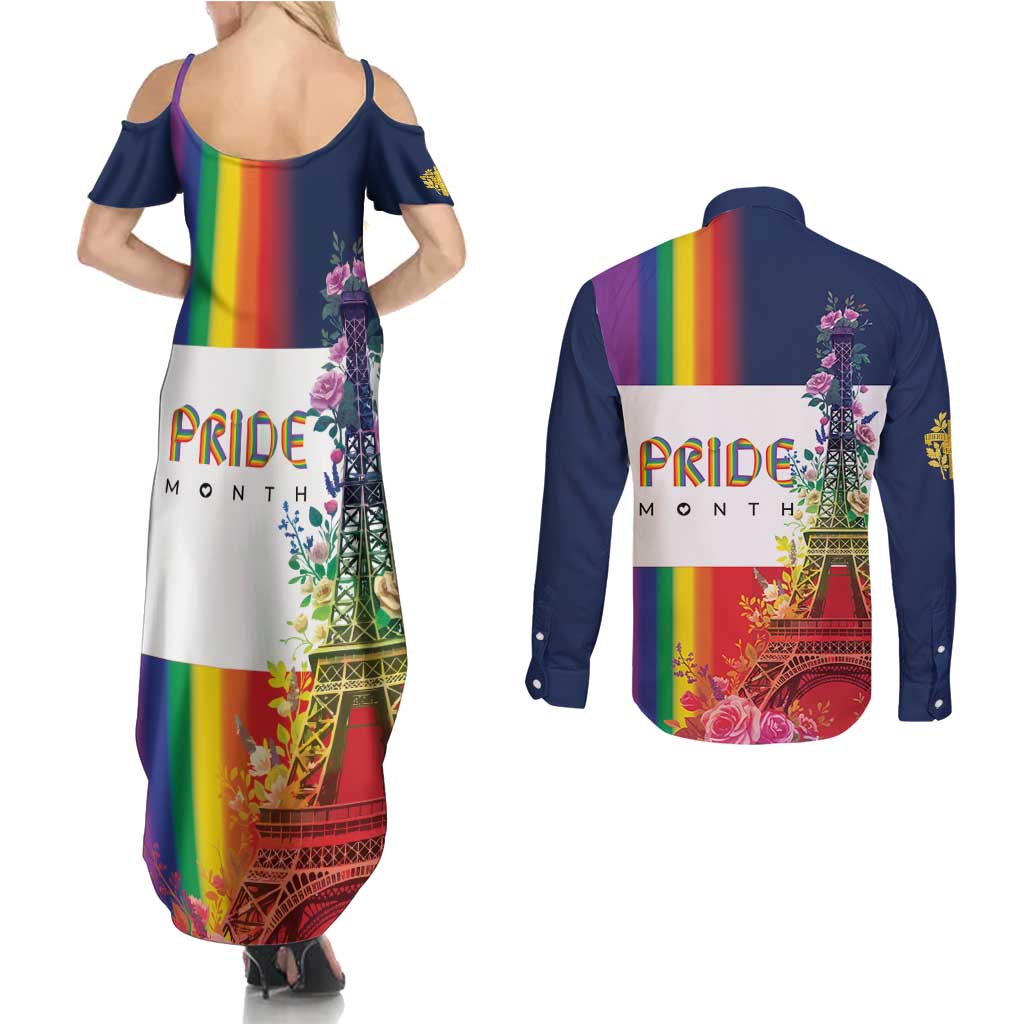 LGBTQ Pride Month Gay Couples Matching Summer Maxi Dress and Long Sleeve Button Shirt Eiffel Tower Paris Rainbow Flag