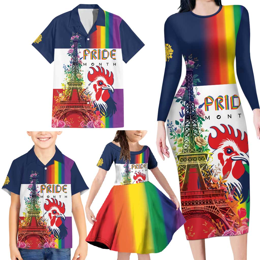 LGBTQ Pride Month Gay Family Matching Long Sleeve Bodycon Dress and Hawaiian Shirt Eiffel Tower Paris Rainbow Flag