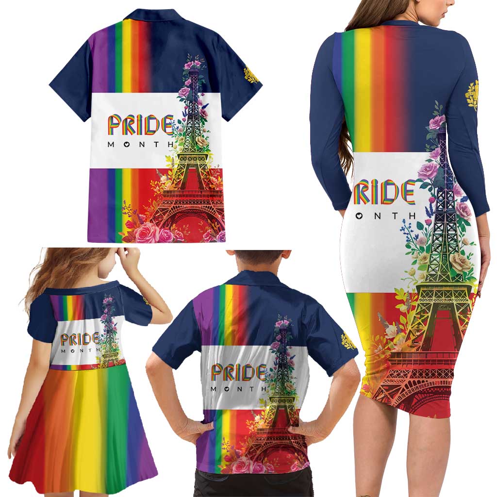 LGBTQ Pride Month Gay Family Matching Long Sleeve Bodycon Dress and Hawaiian Shirt Eiffel Tower Paris Rainbow Flag