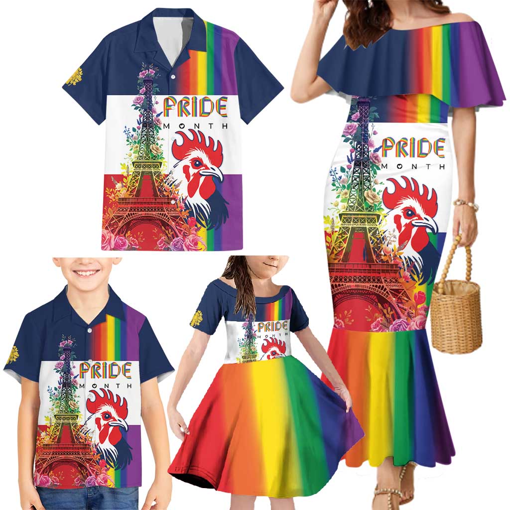 LGBTQ Pride Month Gay Family Matching Mermaid Dress and Hawaiian Shirt Eiffel Tower Paris Rainbow Flag