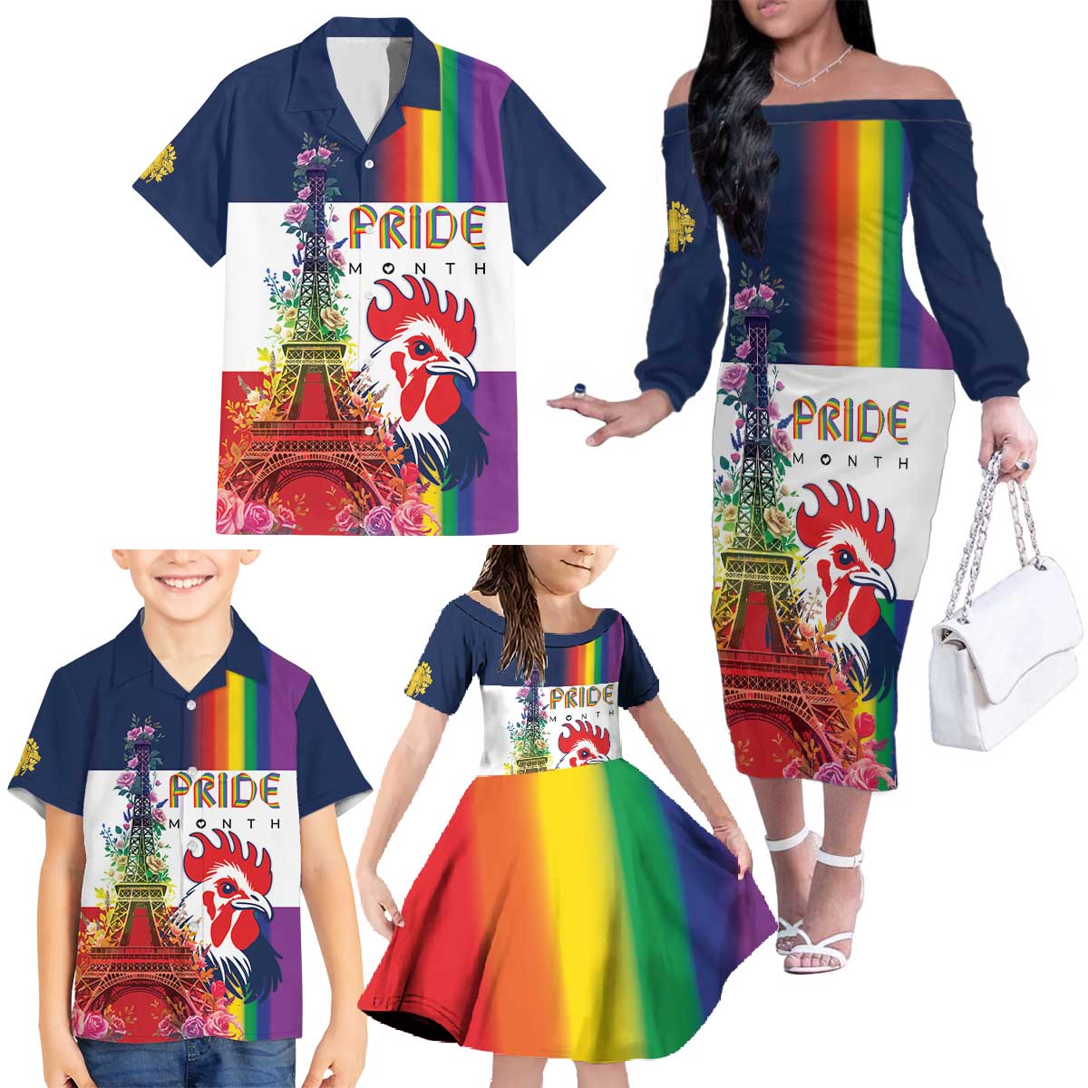 LGBTQ Pride Month Gay Family Matching Off The Shoulder Long Sleeve Dress and Hawaiian Shirt Eiffel Tower Paris Rainbow Flag