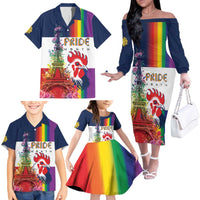 LGBTQ Pride Month Gay Family Matching Off The Shoulder Long Sleeve Dress and Hawaiian Shirt Eiffel Tower Paris Rainbow Flag