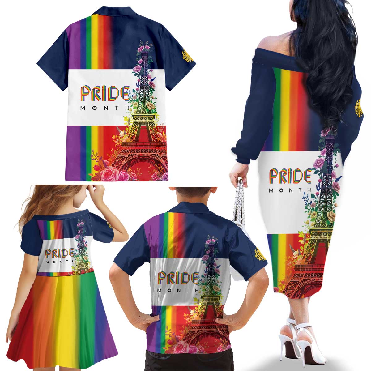 LGBTQ Pride Month Gay Family Matching Off The Shoulder Long Sleeve Dress and Hawaiian Shirt Eiffel Tower Paris Rainbow Flag
