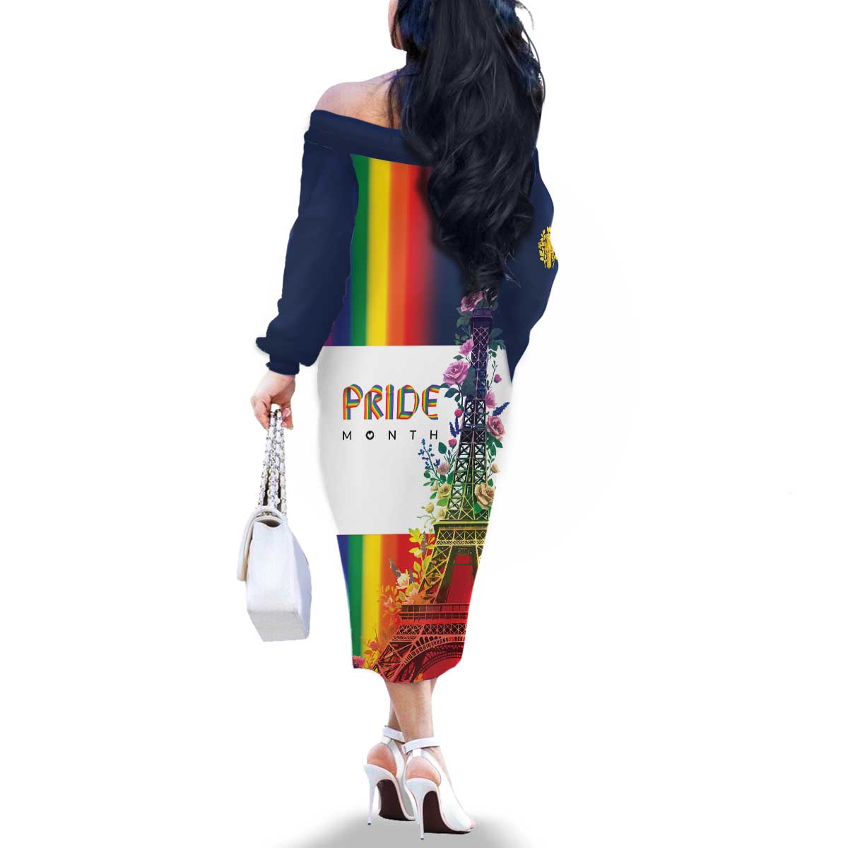 LGBTQ Pride Month Gay Family Matching Off The Shoulder Long Sleeve Dress and Hawaiian Shirt Eiffel Tower Paris Rainbow Flag