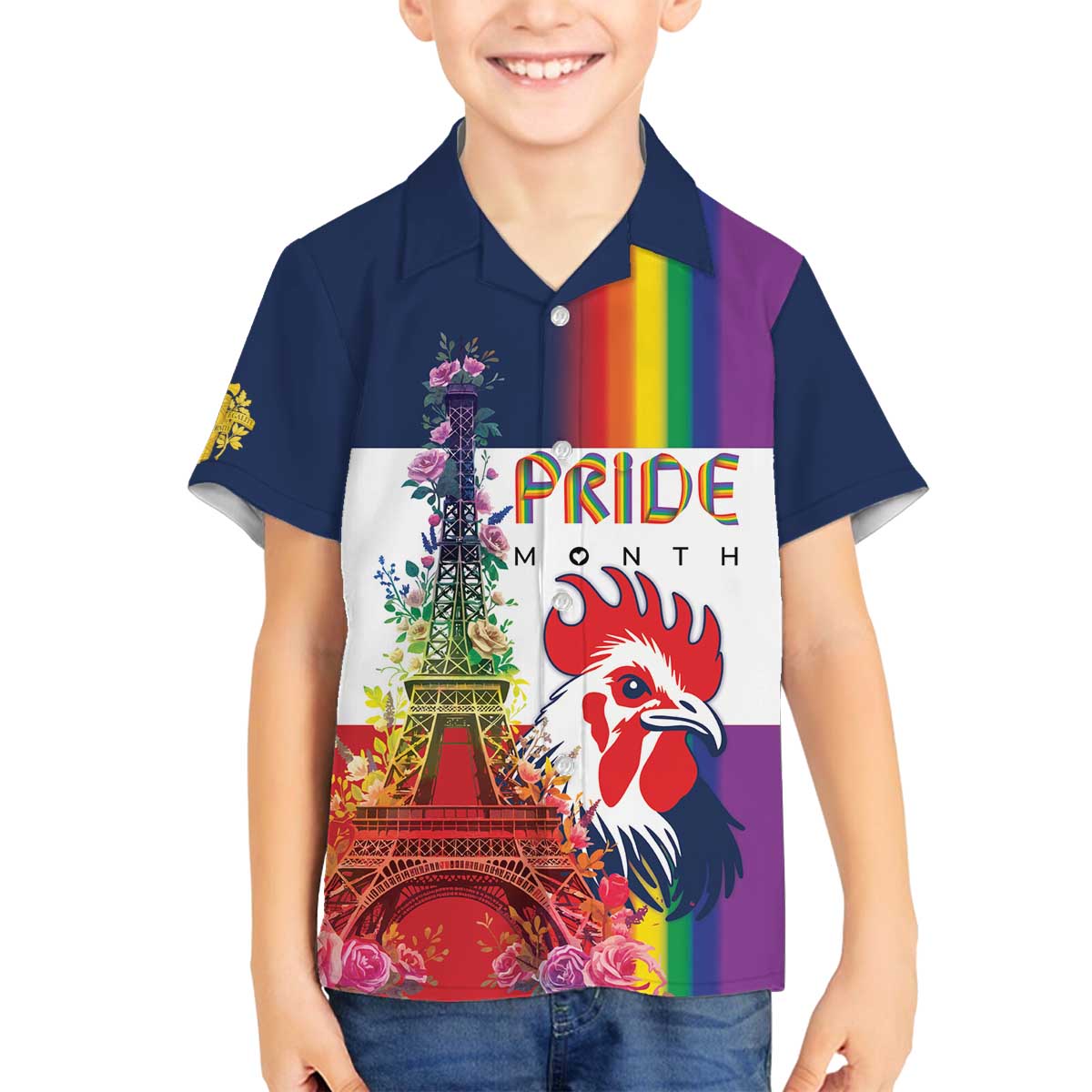 LGBTQ Pride Month Gay Family Matching Off The Shoulder Long Sleeve Dress and Hawaiian Shirt Eiffel Tower Paris Rainbow Flag
