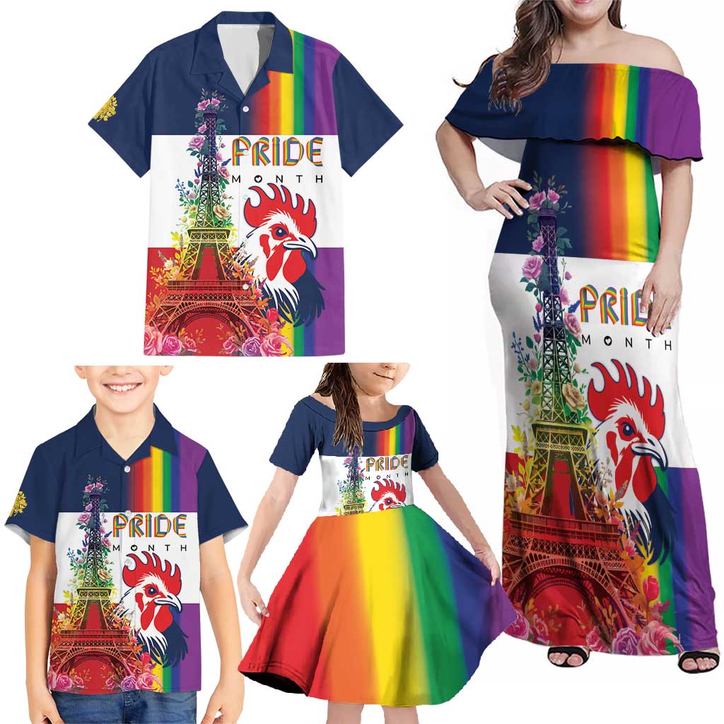 LGBTQ Pride Month Gay Family Matching Off Shoulder Maxi Dress and Hawaiian Shirt Eiffel Tower Paris Rainbow Flag