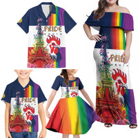 LGBTQ Pride Month Gay Family Matching Off Shoulder Maxi Dress and Hawaiian Shirt Eiffel Tower Paris Rainbow Flag