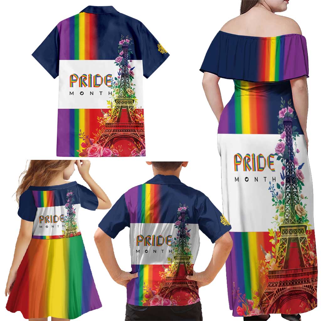LGBTQ Pride Month Gay Family Matching Off Shoulder Maxi Dress and Hawaiian Shirt Eiffel Tower Paris Rainbow Flag