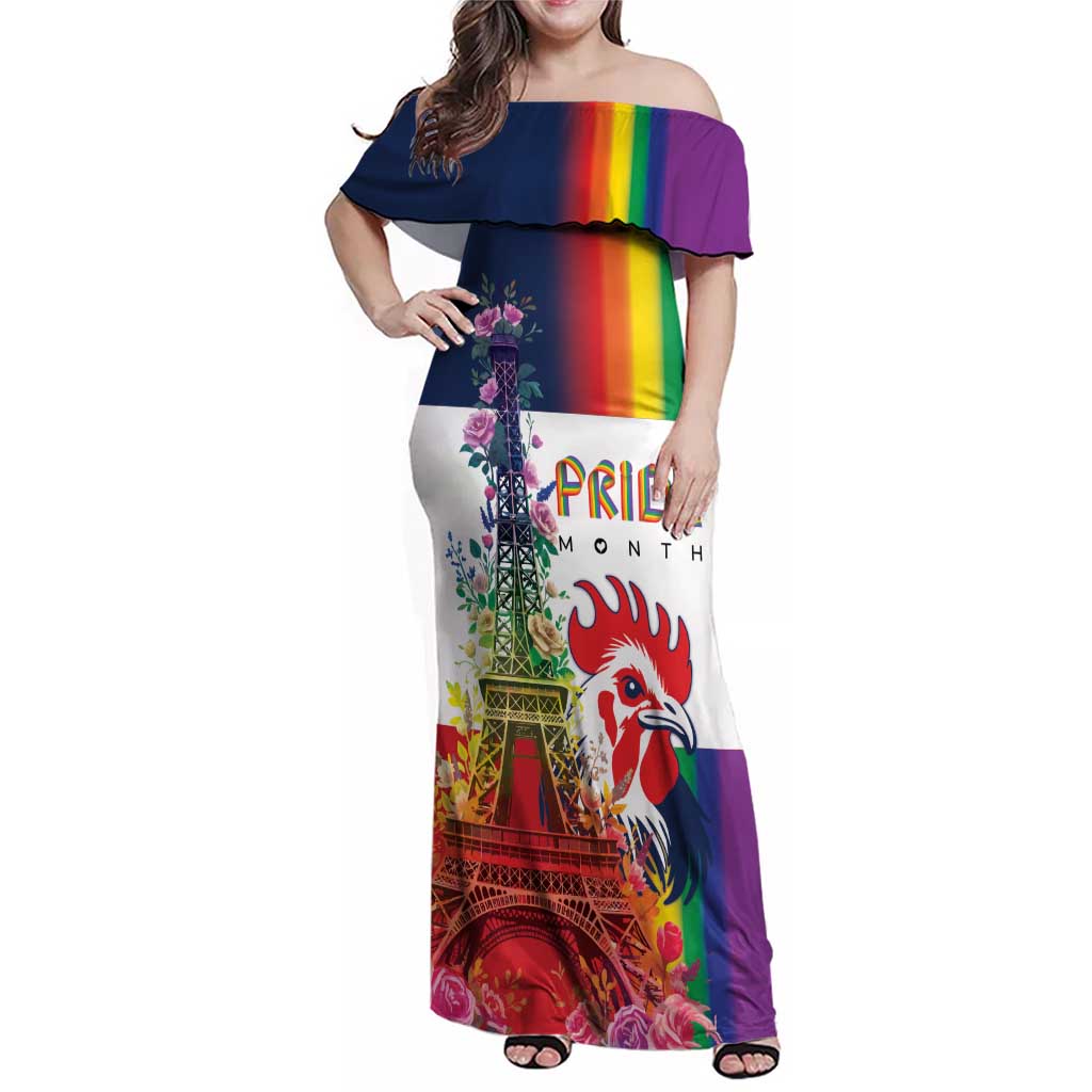 LGBTQ Pride Month Gay Family Matching Off Shoulder Maxi Dress and Hawaiian Shirt Eiffel Tower Paris Rainbow Flag