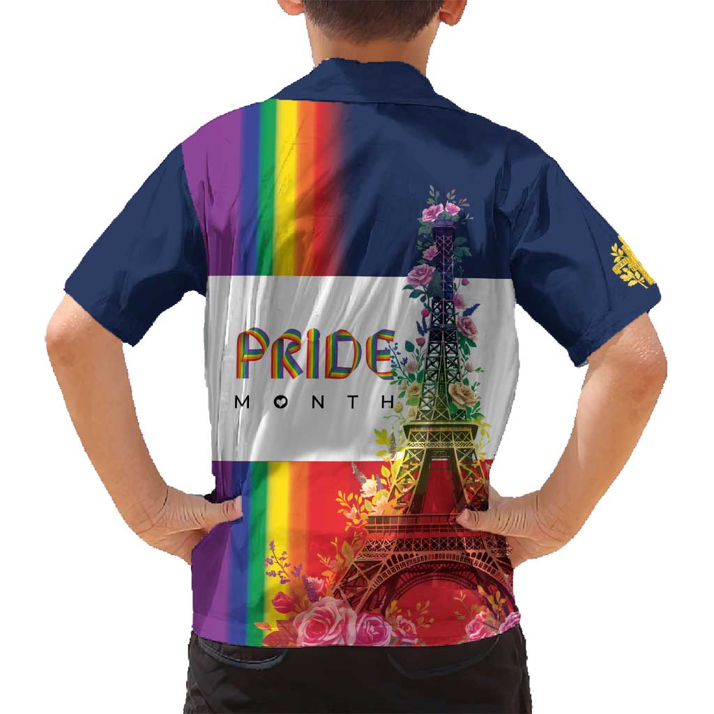 LGBTQ Pride Month Gay Family Matching Off Shoulder Short Dress and Hawaiian Shirt Eiffel Tower Paris Rainbow Flag