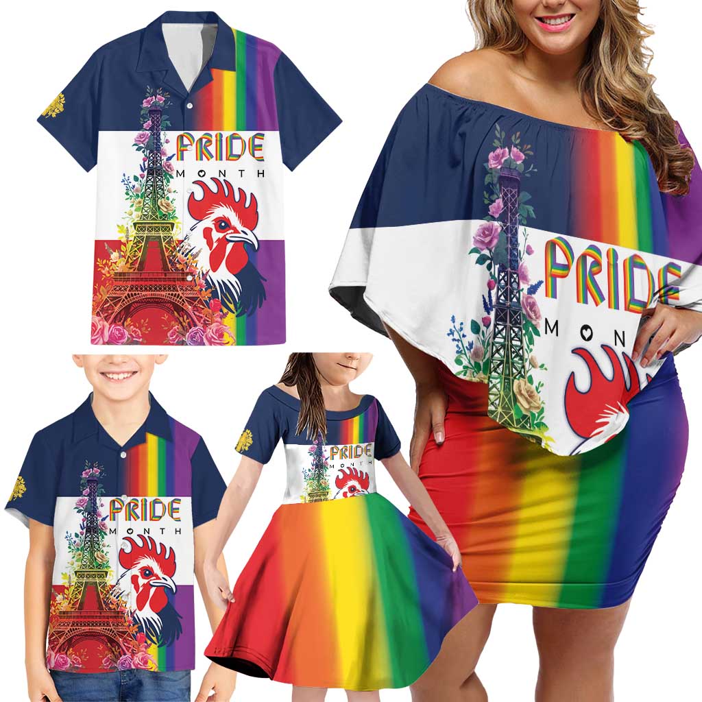 LGBTQ Pride Month Gay Family Matching Off Shoulder Short Dress and Hawaiian Shirt Eiffel Tower Paris Rainbow Flag