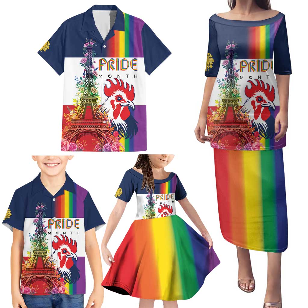 LGBTQ Pride Month Gay Family Matching Puletasi and Hawaiian Shirt Eiffel Tower Paris Rainbow Flag