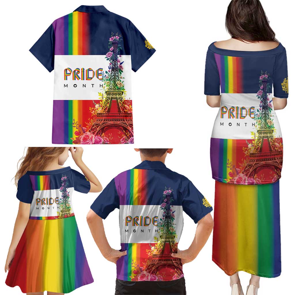LGBTQ Pride Month Gay Family Matching Puletasi and Hawaiian Shirt Eiffel Tower Paris Rainbow Flag