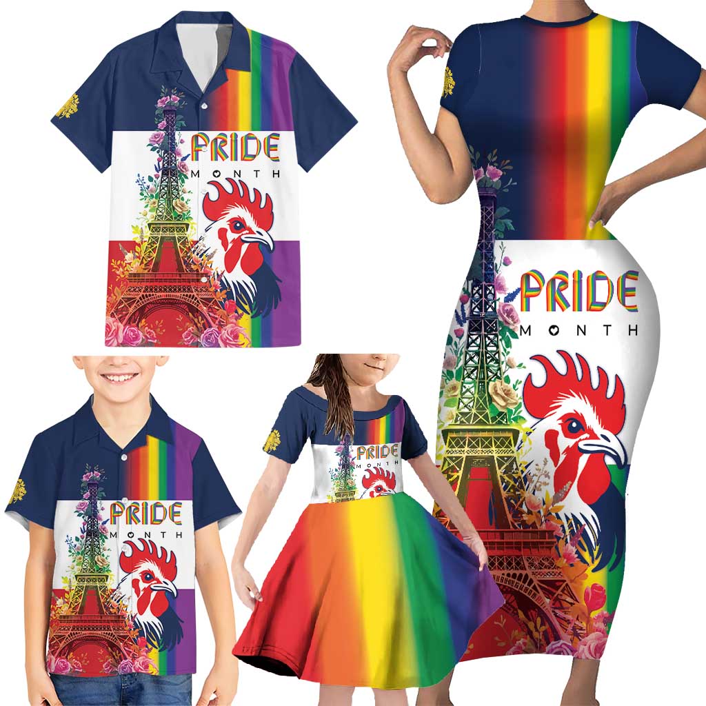LGBTQ Pride Month Gay Family Matching Short Sleeve Bodycon Dress and Hawaiian Shirt Eiffel Tower Paris Rainbow Flag