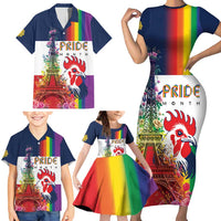 LGBTQ Pride Month Gay Family Matching Short Sleeve Bodycon Dress and Hawaiian Shirt Eiffel Tower Paris Rainbow Flag
