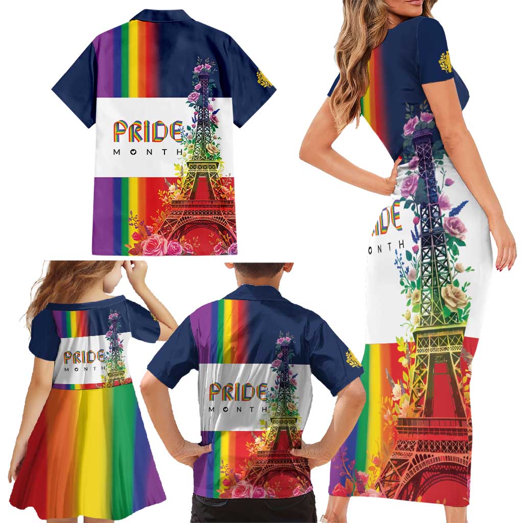 LGBTQ Pride Month Gay Family Matching Short Sleeve Bodycon Dress and Hawaiian Shirt Eiffel Tower Paris Rainbow Flag