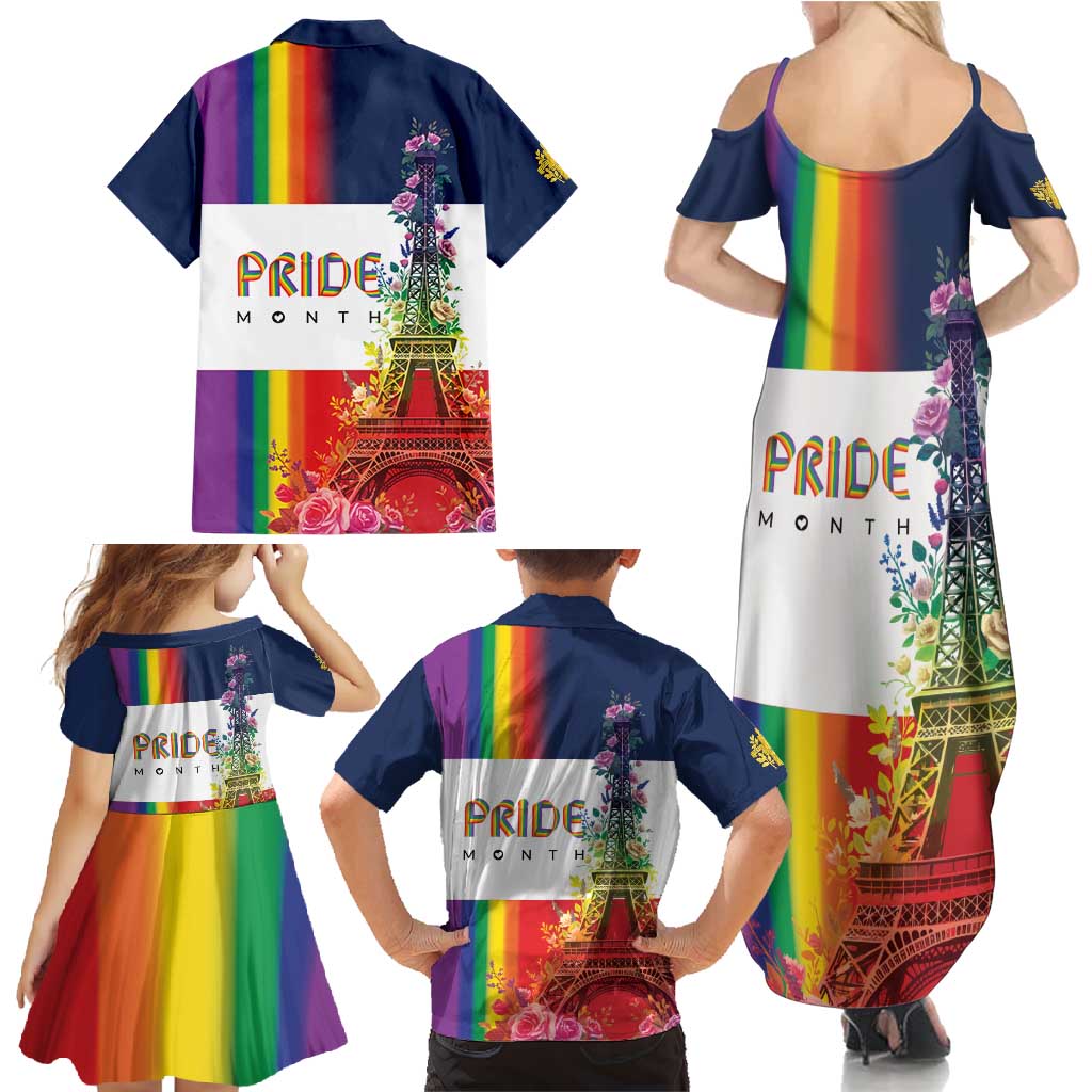 LGBTQ Pride Month Gay Family Matching Summer Maxi Dress and Hawaiian Shirt Eiffel Tower Paris Rainbow Flag