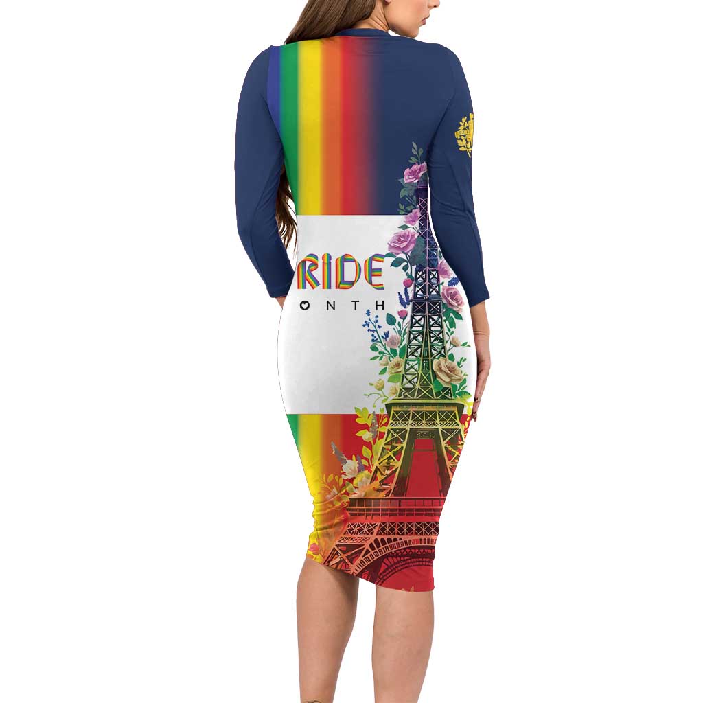 LGBTQ Pride Month Gay Long Sleeve Bodycon Dress Eiffel Tower Paris Rainbow Flag