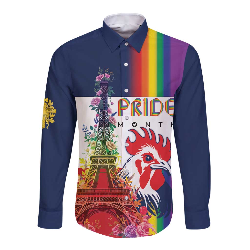 LGBTQ Pride Month Gay Long Sleeve Button Shirt Eiffel Tower Paris Rainbow Flag