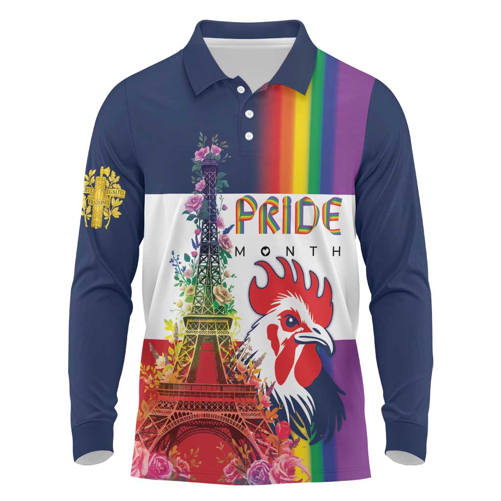 LGBTQ Pride Month Gay Long Sleeve Polo Shirt Eiffel Tower Paris Rainbow Flag