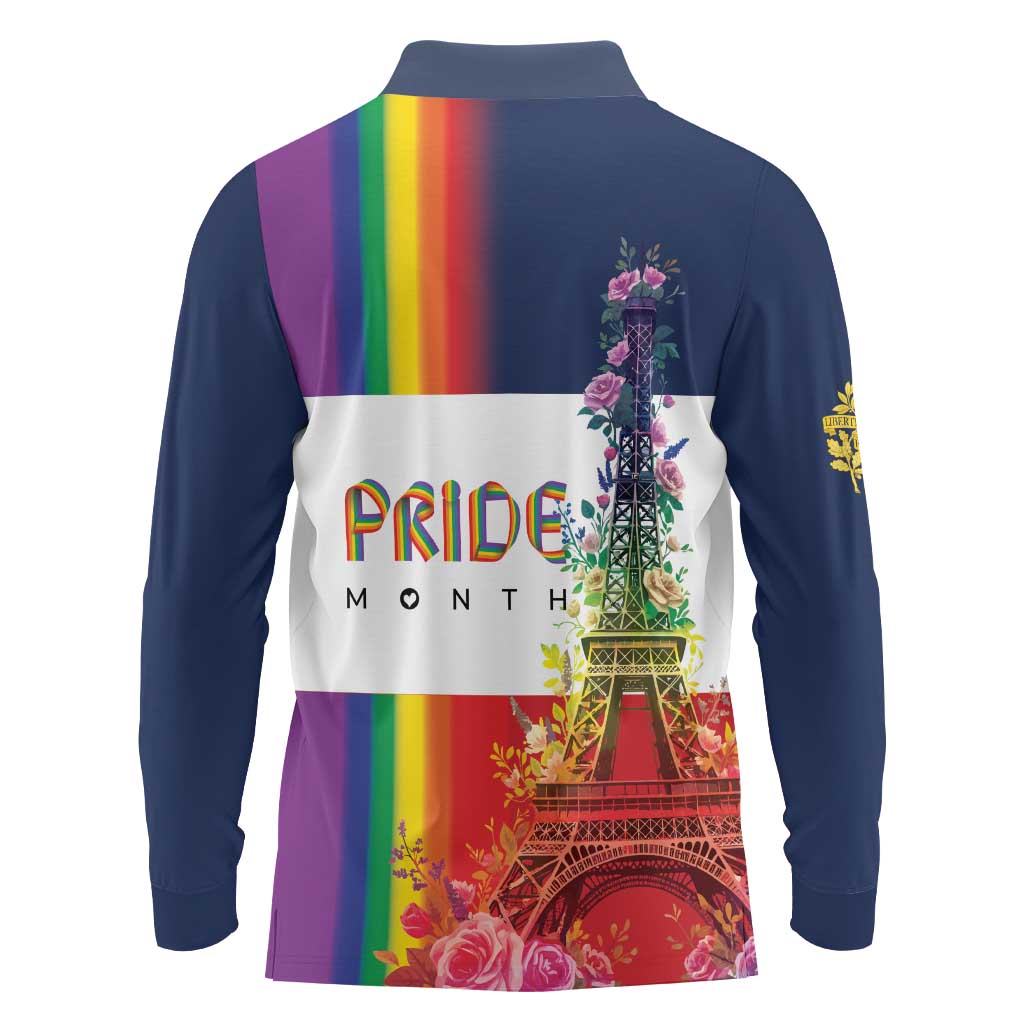 LGBTQ Pride Month Gay Long Sleeve Polo Shirt Eiffel Tower Paris Rainbow Flag