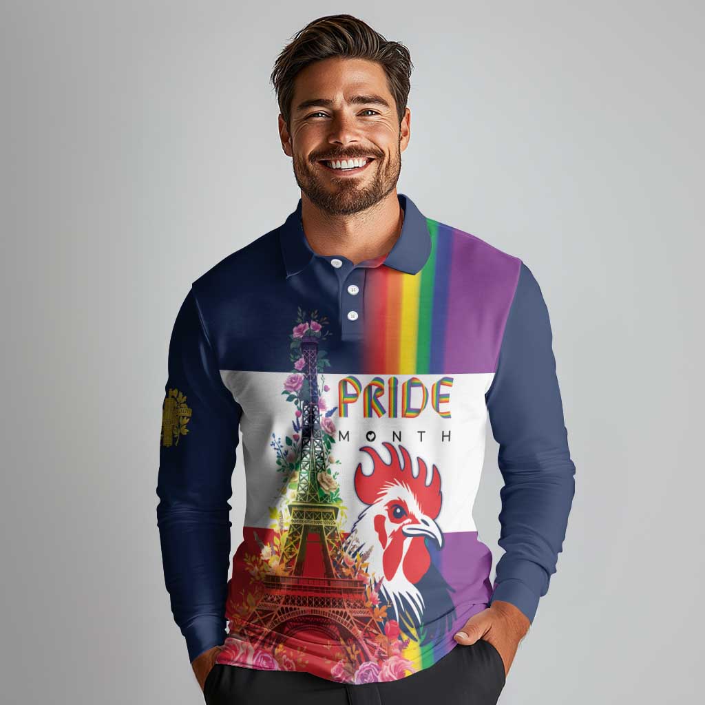 LGBTQ Pride Month Gay Long Sleeve Polo Shirt Eiffel Tower Paris Rainbow Flag