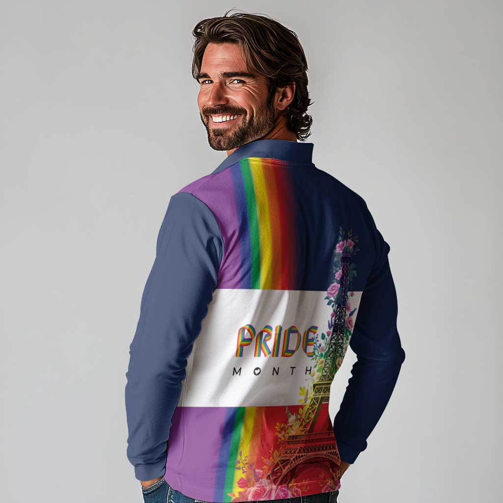 LGBTQ Pride Month Gay Long Sleeve Polo Shirt Eiffel Tower Paris Rainbow Flag