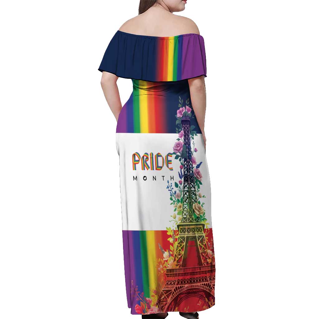 LGBTQ Pride Month Gay Off Shoulder Maxi Dress Eiffel Tower Paris Rainbow Flag