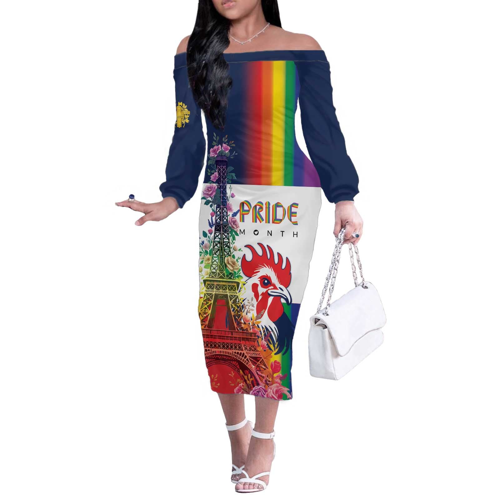 LGBTQ Pride Month Gay Off The Shoulder Long Sleeve Dress Eiffel Tower Paris Rainbow Flag