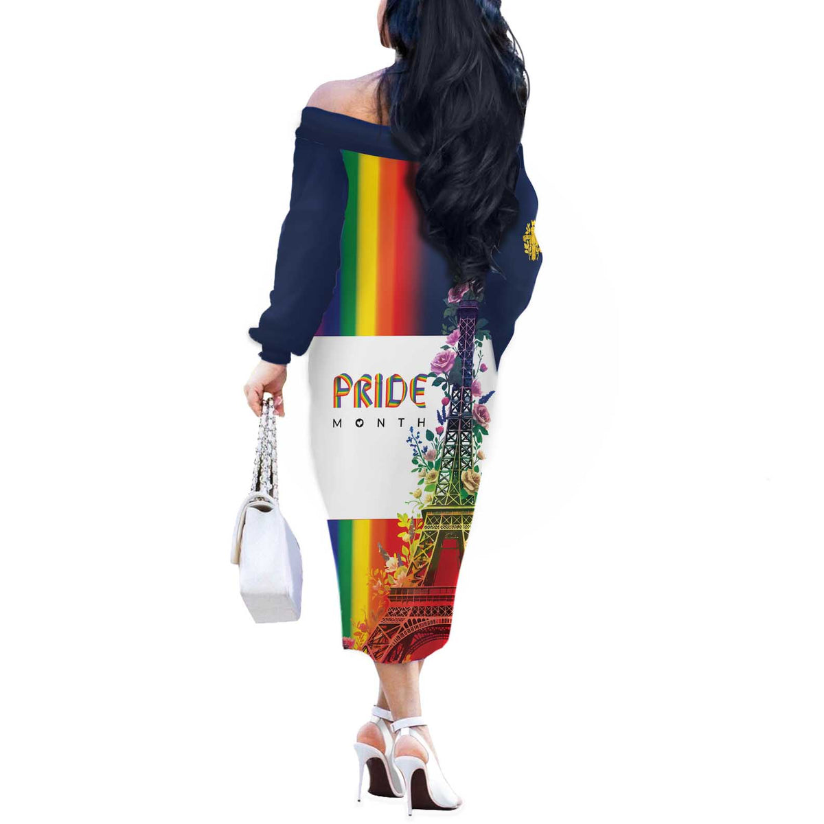 LGBTQ Pride Month Gay Off The Shoulder Long Sleeve Dress Eiffel Tower Paris Rainbow Flag