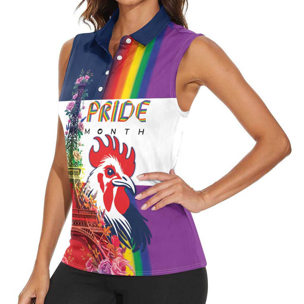 LGBTQ Pride Month Gay Women Sleeveless Polo Shirt Eiffel Tower Paris Rainbow Flag