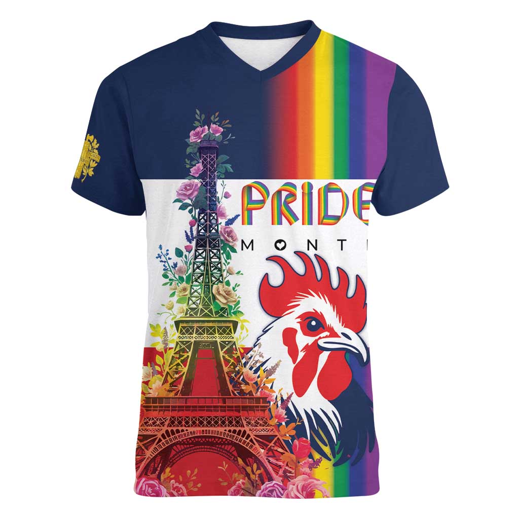 LGBTQ Pride Month Gay Women V-Neck T-Shirt Eiffel Tower Paris Rainbow Flag