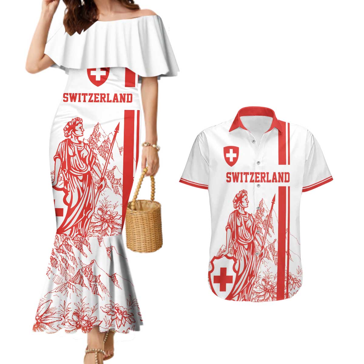 Custom Switzerland Football Couples Matching Mermaid Dress and Hawaiian Shirt Confoederatio Helvetica